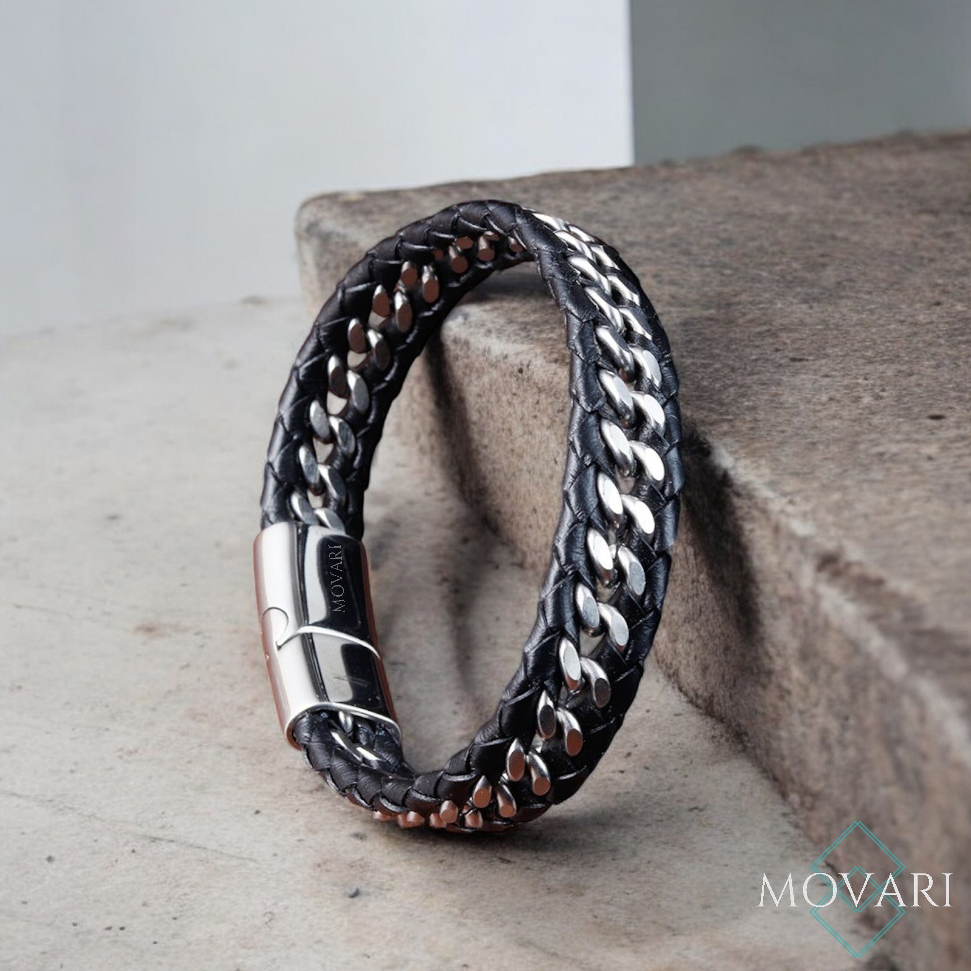 Cuban link bracelet for men crafted with quality leather and stainless steel